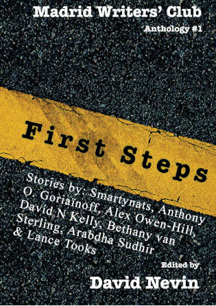 <em>First Steps: Madrid Writers&rsquo; Club Anthology</em> front cover - yellow line across black asphalt